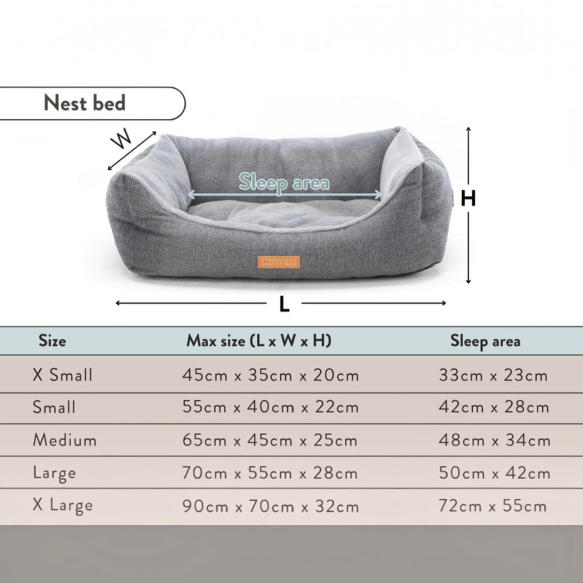 A gray plush nest bed for pets with overlaid dimension arrows labeling width (W), sleep area (L x W x H), and height (H), plus a size table below showing measurements for Small, Medium, Large, and X Large sizes.