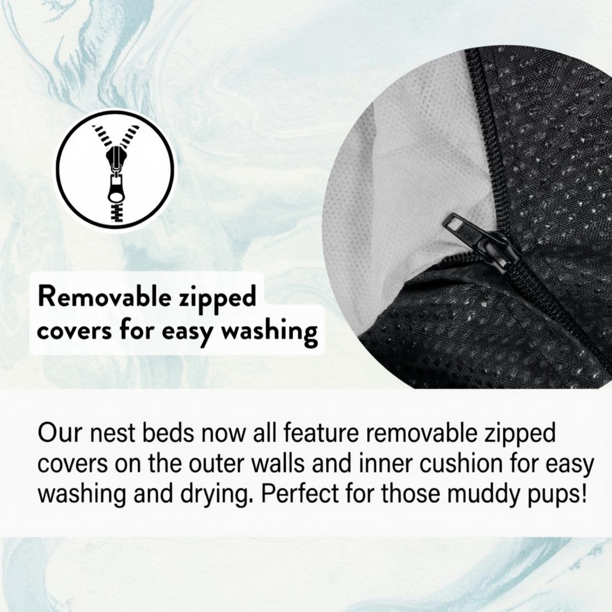 Promotional graphic for pet nest beds featuring a close-up of a black mesh zipper with a white fabric cover, accompanied by text explaining removable zipped covers for easy washing.
