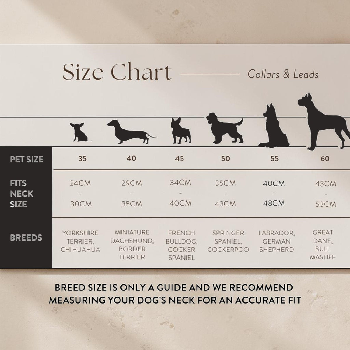 A size chart graphic for dog collars and leads, showing silhouette illustrations of different dog breeds across neck size categories 35 to 60. The chart includes a breed list at the bottom and a note at the bottom stating that breed size is only a guide and measuring the dog's neck is recommended for accurate fit.