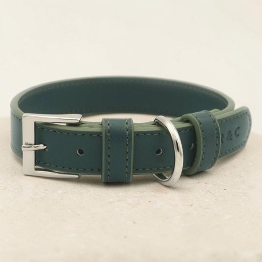 A dark teal leather dog collar with a silver-tone metal buckle and ring, displayed on a light beige textured surface.