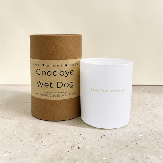A white glass candle jar next to its brown kraft paper cylindrical packaging, both featuring the brand name 'PAWS * RIGHT * THERE' and the scent name 'Goodbye Wet Dog'.