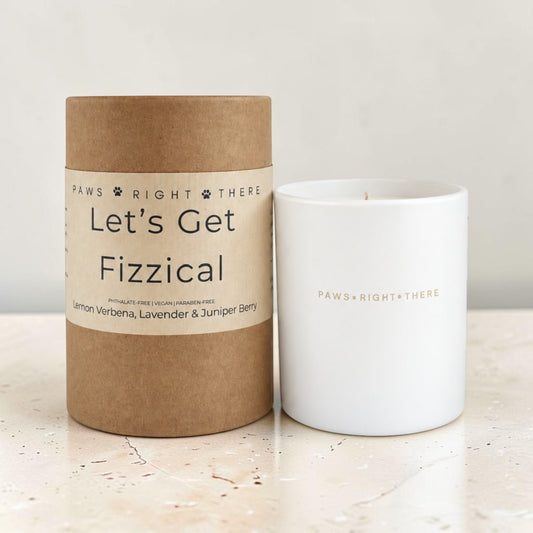 Paws Right There Let’s Get Fizzical candle with lemon verbena, lavender and juniper berry essential oils