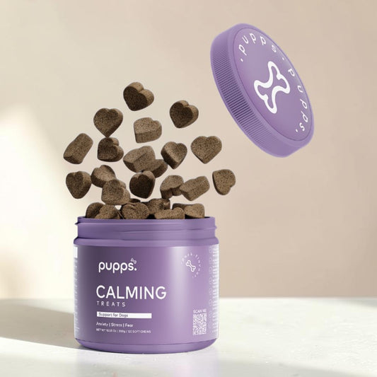 A purple tub of Pups Calming Treats with heart-shaped treats floating out of the open container and the lid propped above, on a clean light beige background.