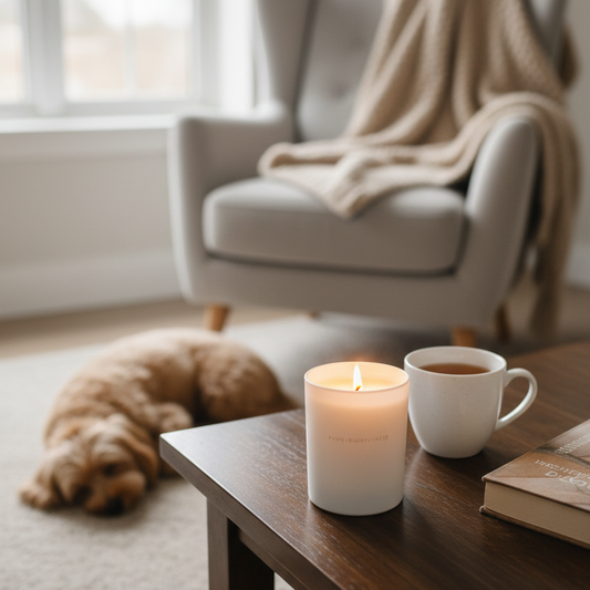 A lit white candle sits on a dark wooden table next to a white mug and a book in a cozy living room. In the softly blurred background, a small brown dog rests on a light carpet next to a gray armchair with a beige throw blanket.