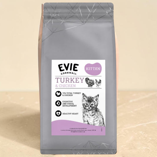 A bag of Evie Cornwall Turkey & Chicken Kitten cat food, featuring a gray bag with a white and purple label and a kitten illustration.