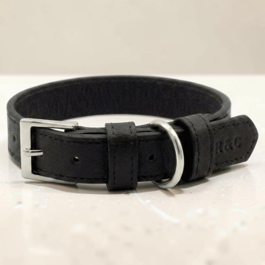 A black leather dog collar with a silver-tone metal buckle and D-ring, displayed on a light beige surface.