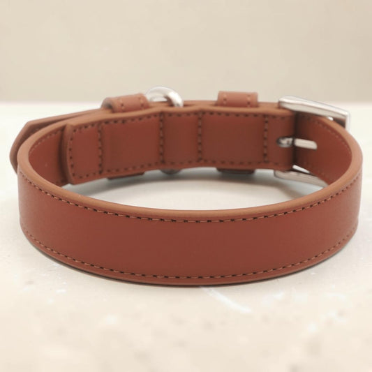 A brown leather dog collar with silver-tone metal hardware, displayed on a light beige surface.
